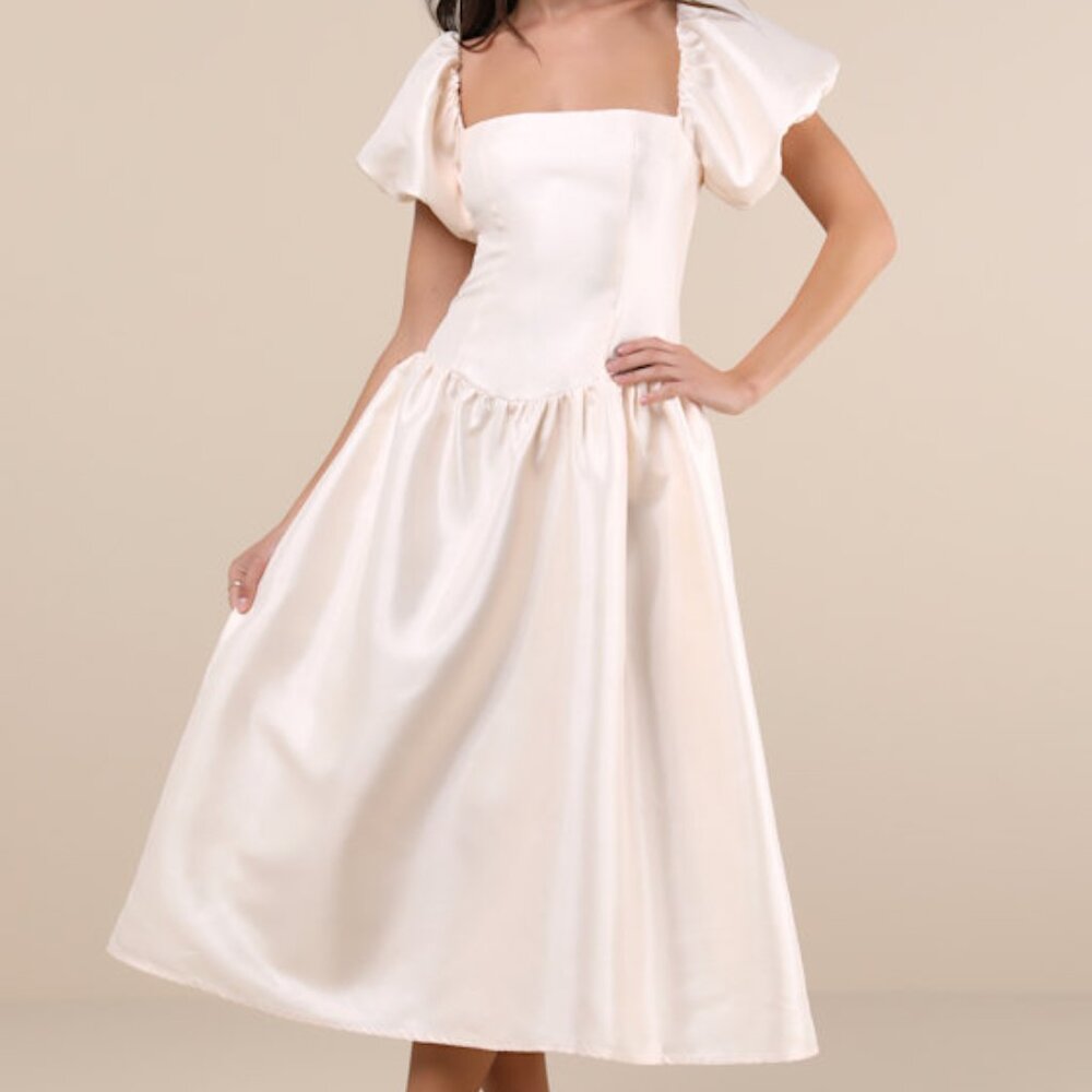 Lulu's Cream Satin Midi Dress with Puff Sleeves